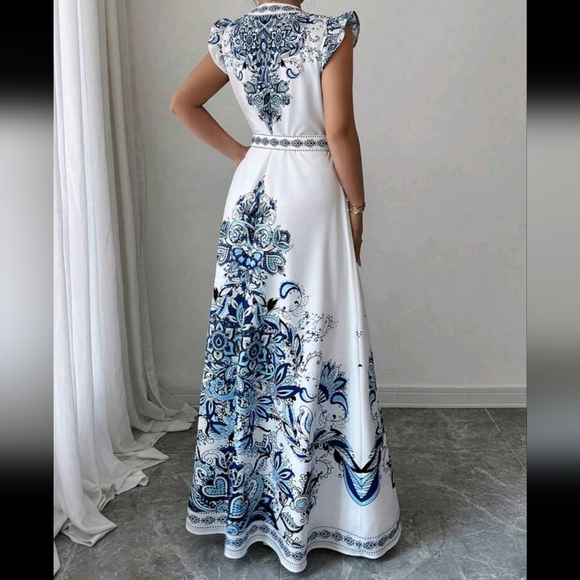 Long Retro V-Neck Open Front Short Cap Sleeve Lightweight Summer Dress - Picture 4 of 4